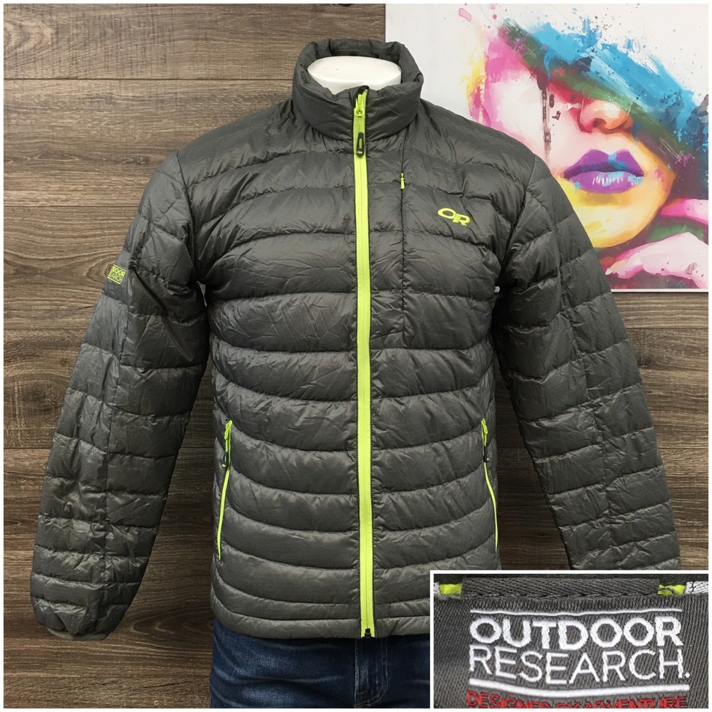 Outdoor Research Transcendent‎ Down Sweater Jacket Mens Medium Gray Lime 57553